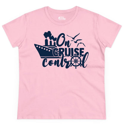 On Cruise Control Shirt - Nautical Cruise Ship Apparel Vacation Tee (Ladies Tee) in Light Pink - On Cruise Control Shirt - Nautical Wheel Cruise Ship Vacation Tee