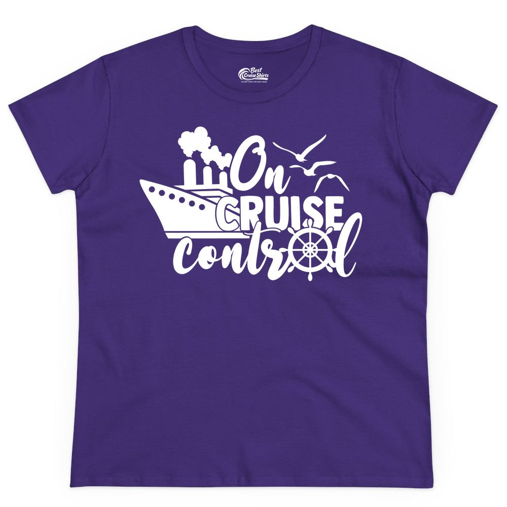 On Cruise Control Shirt - Nautical Cruise Ship Apparel Vacation Tee (Ladies Tee) in Purple - On Cruise Control Shirt - Nautical Wheel Cruise Ship Vacation Tee