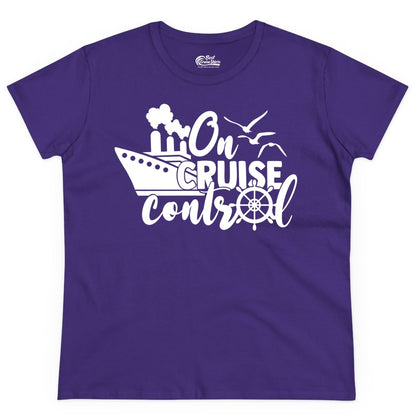 On Cruise Control Shirt - Nautical Cruise Ship Apparel Vacation Tee (Ladies Tee) in Purple - On Cruise Control Shirt - Nautical Wheel Cruise Ship Vacation Tee