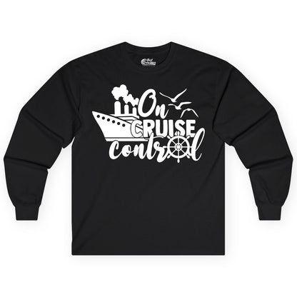 On Cruise Control Shirt - Nautical Cruise Ship Apparel Vacation Tee (Long Sleeve) in Black - On Cruise Control Shirt - Nautical Wheel Cruise Ship Vacation Tee