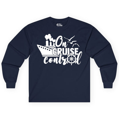 On Cruise Control Shirt - Nautical Cruise Ship Apparel Vacation Tee (Long Sleeve) in Navy - On Cruise Control Shirt - Nautical Wheel Cruise Ship Vacation Tee
