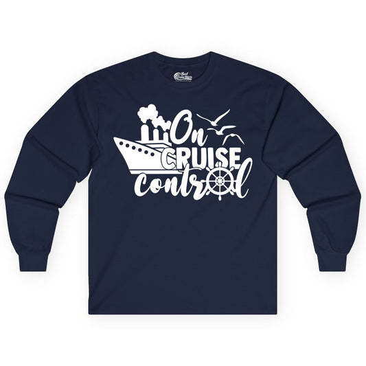 On Cruise Control Shirt - Nautical Cruise Ship Apparel Vacation Tee (Long Sleeve) in Navy - On Cruise Control Shirt - Nautical Wheel Cruise Ship Vacation Tee
