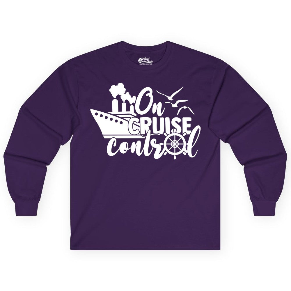 On Cruise Control Shirt - Nautical Cruise Ship Apparel Vacation Tee (Long Sleeve) in Purple - On Cruise Control Shirt - Nautical Wheel Cruise Ship Vacation Tee