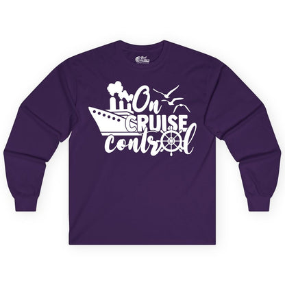 On Cruise Control Shirt - Nautical Cruise Ship Apparel Vacation Tee (Long Sleeve) in Purple - On Cruise Control Shirt - Nautical Wheel Cruise Ship Vacation Tee