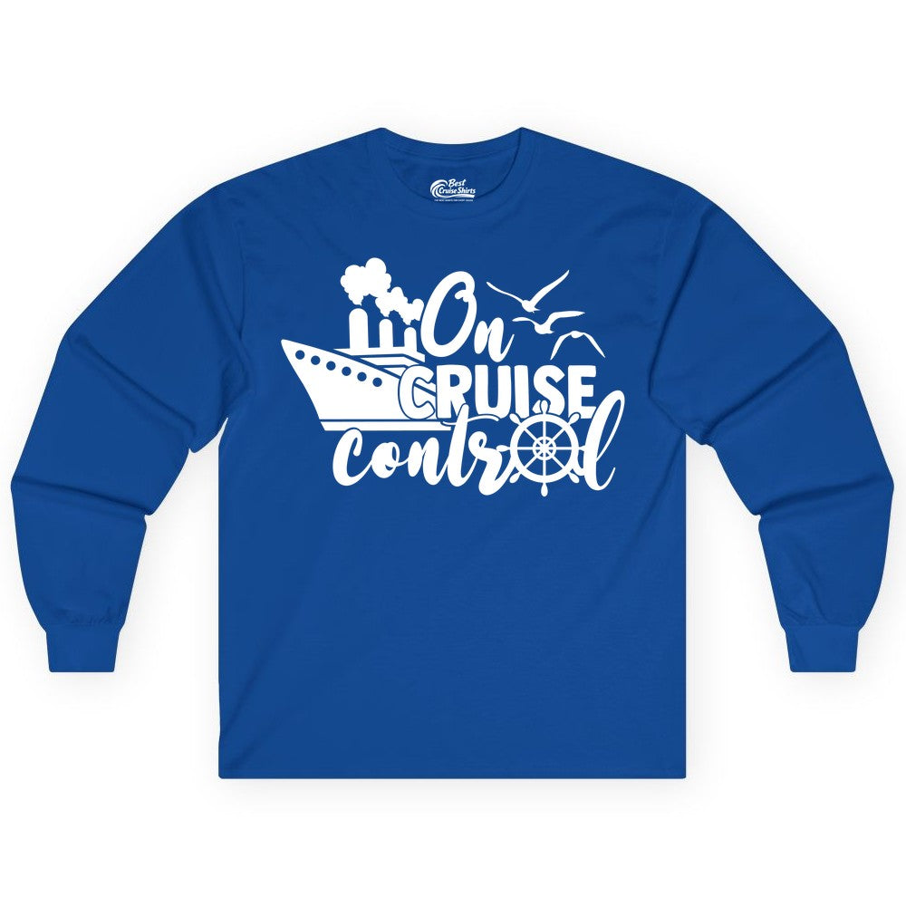On Cruise Control Shirt - Nautical Cruise Ship Apparel Vacation Tee (Long Sleeve) in Royal - On Cruise Control Shirt - Nautical Wheel Cruise Ship Vacation Tee