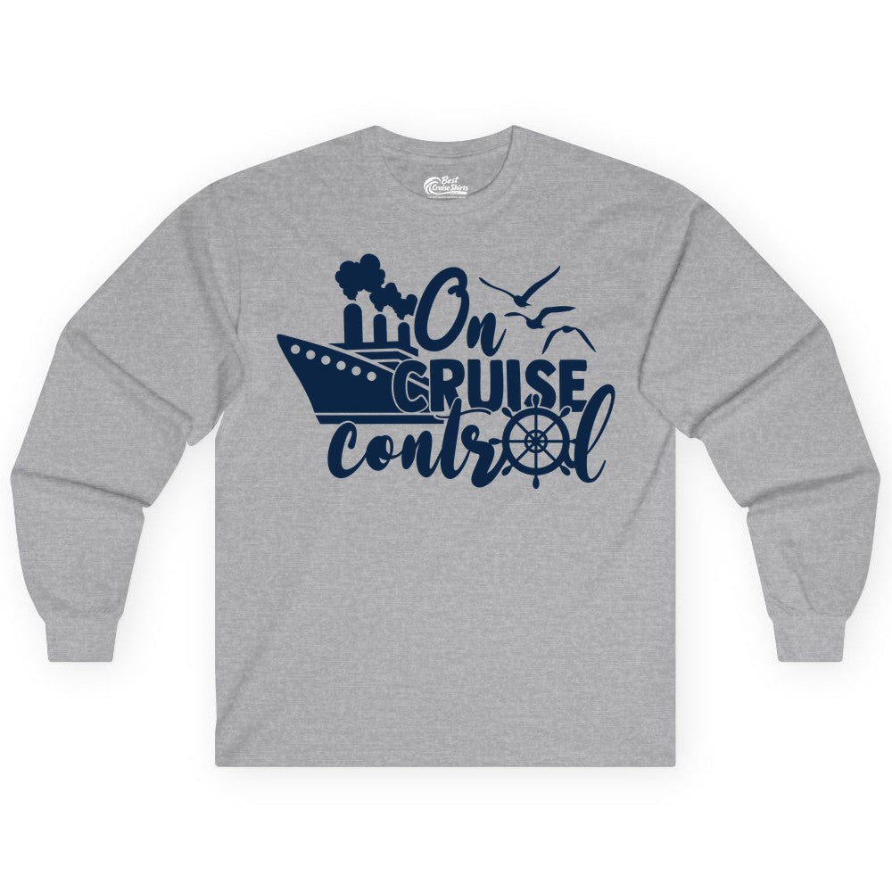 On Cruise Control Shirt - Nautical Cruise Ship Apparel Vacation Tee (Long Sleeve) in Sport Grey - On Cruise Control Shirt - Nautical Wheel Cruise Ship Vacation Tee