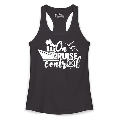 On Cruise Control Shirt - Nautical Cruise Ship Apparel Vacation Tee (Ladies Tank) in Black - On Cruise Control Shirt - Nautical Wheel Cruise Ship Vacation Tee