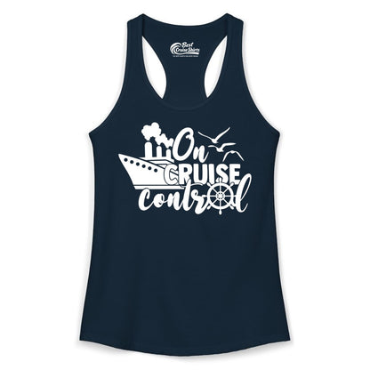 On Cruise Control Shirt - Nautical Cruise Ship Apparel Vacation Tee (Ladies Tank) in Solid Midnight Navy - On Cruise Control Shirt - Nautical Wheel Cruise Ship Vacation Tee