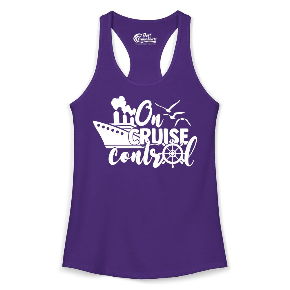 On Cruise Control Shirt - Nautical Cruise Ship Apparel Vacation Tee (Ladies Tank) in Solid Purple Rush - On Cruise Control Shirt - Nautical Wheel Cruise Ship Vacation Tee