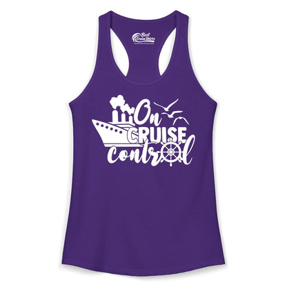 On Cruise Control Shirt - Nautical Cruise Ship Apparel Vacation Tee (Ladies Tank) in Solid Purple Rush - On Cruise Control Shirt - Nautical Wheel Cruise Ship Vacation Tee