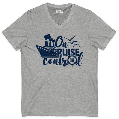 On Cruise Control Shirt - Nautical Cruise Ship Apparel Vacation Tee (V-Neck) in Athletic Heather - On Cruise Control Shirt - Nautical Wheel Cruise Ship Vacation Tee