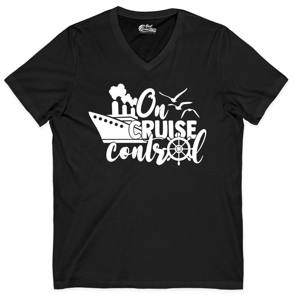 On Cruise Control Shirt - Nautical Cruise Ship Apparel Vacation Tee (V-Neck) in Black - On Cruise Control Shirt - Nautical Wheel Cruise Ship Vacation Tee