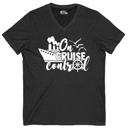 On Cruise Control Shirt - Nautical Cruise Ship Apparel Vacation Tee (V-Neck) in Dark Grey Heather - On Cruise Control Shirt - Nautical Wheel Cruise Ship Vacation Tee