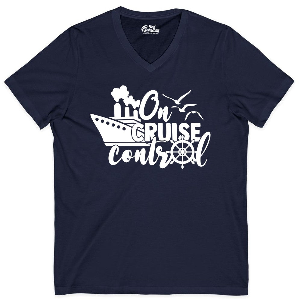 On Cruise Control Shirt - Nautical Cruise Ship Apparel Vacation Tee (V-Neck) in Navy - On Cruise Control Shirt - Nautical Wheel Cruise Ship Vacation Tee