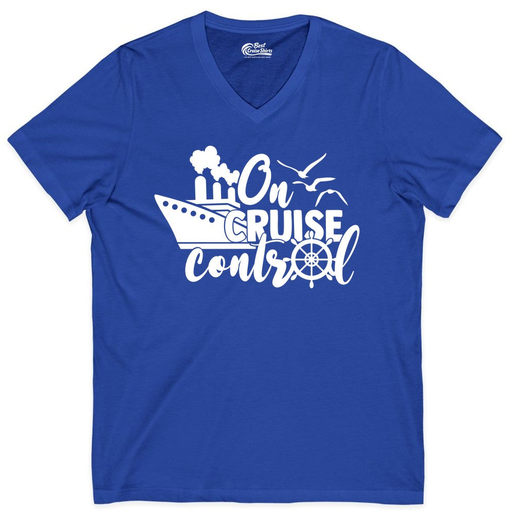 On Cruise Control Shirt - Nautical Cruise Ship Apparel Vacation Tee (V-Neck) in True Royal - On Cruise Control Shirt - Nautical Wheel Cruise Ship Vacation Tee