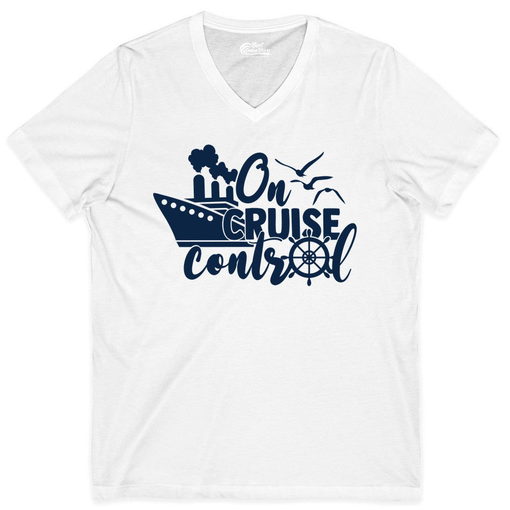 On Cruise Control Shirt - Nautical Cruise Ship Apparel Vacation Tee (V-Neck) in White - On Cruise Control Shirt - Nautical Wheel Cruise Ship Vacation Tee