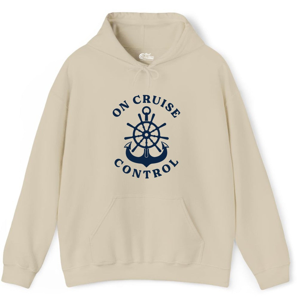 On Cruise Control Shirt - Funny Cruise Vacation Nautical Captain Tee (Hoodie) in Sand - On Cruise Control Nautical Captain Wheel Funny Cruise Shirt