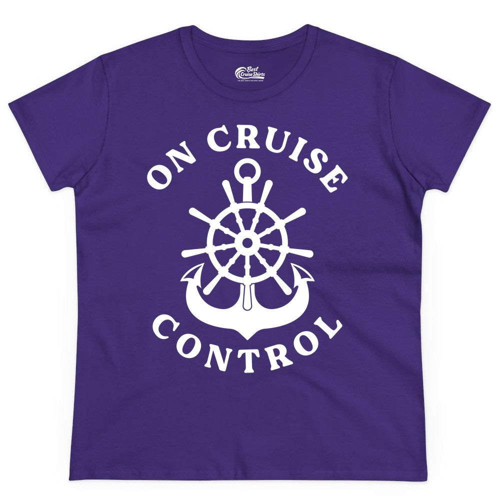 On Cruise Control Shirt - Funny Cruise Vacation Nautical Captain Tee (Ladies Tee) in Purple - On Cruise Control Nautical Captain Wheel Funny Cruise Shirt