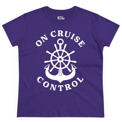 On Cruise Control Shirt - Funny Cruise Vacation Nautical Captain Tee (Ladies Tee) in Purple - On Cruise Control Nautical Captain Wheel Funny Cruise Shirt