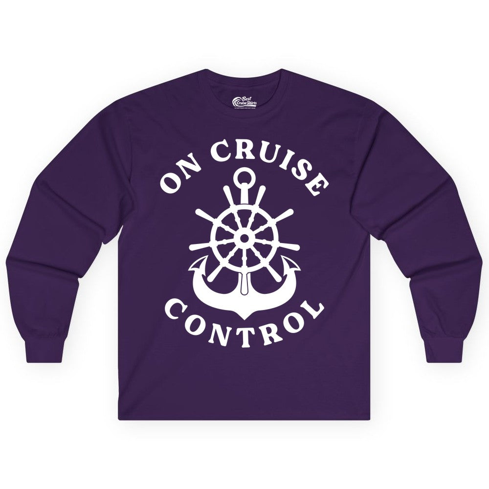 On Cruise Control Shirt - Funny Cruise Vacation Nautical Captain Tee (Long Sleeve) in Purple - On Cruise Control Nautical Captain Wheel Funny Cruise Shirt