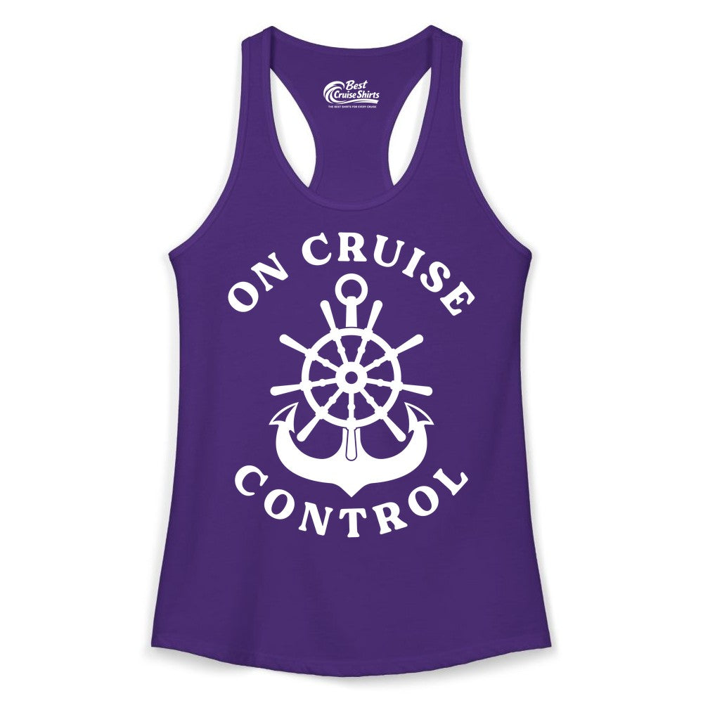 On Cruise Control Shirt - Funny Cruise Vacation Nautical Captain Tee (Ladies Tank) in Solid Purple Rush - On Cruise Control Nautical Captain Wheel Funny Cruise Shirt