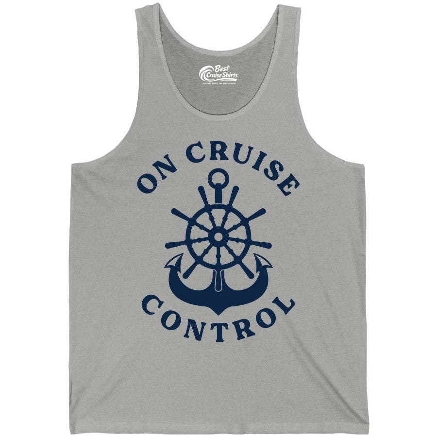 On Cruise Control Shirt - Funny Cruise Vacation Nautical Captain Tee (Tank Top) in Athletic Heather - On Cruise Control Nautical Captain Wheel Funny Cruise Shirt