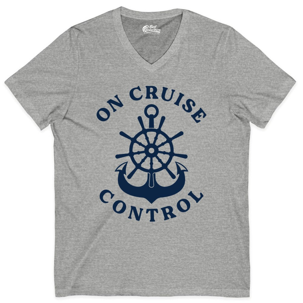 On Cruise Control Shirt - Funny Cruise Vacation Nautical Captain Tee (V-Neck) in Athletic Heather - On Cruise Control Nautical Captain Wheel Funny Cruise Shirt