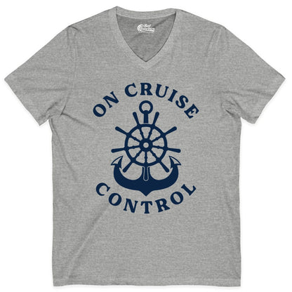 On Cruise Control Shirt - Funny Cruise Vacation Nautical Captain Tee (V-Neck) in Athletic Heather - On Cruise Control Nautical Captain Wheel Funny Cruise Shirt