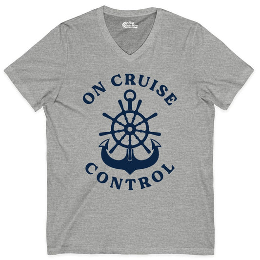 On Cruise Control Shirt - Funny Cruise Vacation Nautical Captain Tee (V-Neck) in Athletic Heather - On Cruise Control Nautical Captain Wheel Funny Cruise Shirt