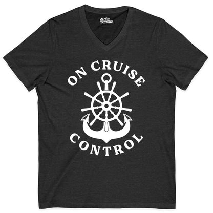 On Cruise Control Shirt - Funny Cruise Vacation Nautical Captain Tee (V-Neck) in Dark Grey Heather - On Cruise Control Nautical Captain Wheel Funny Cruise Shirt