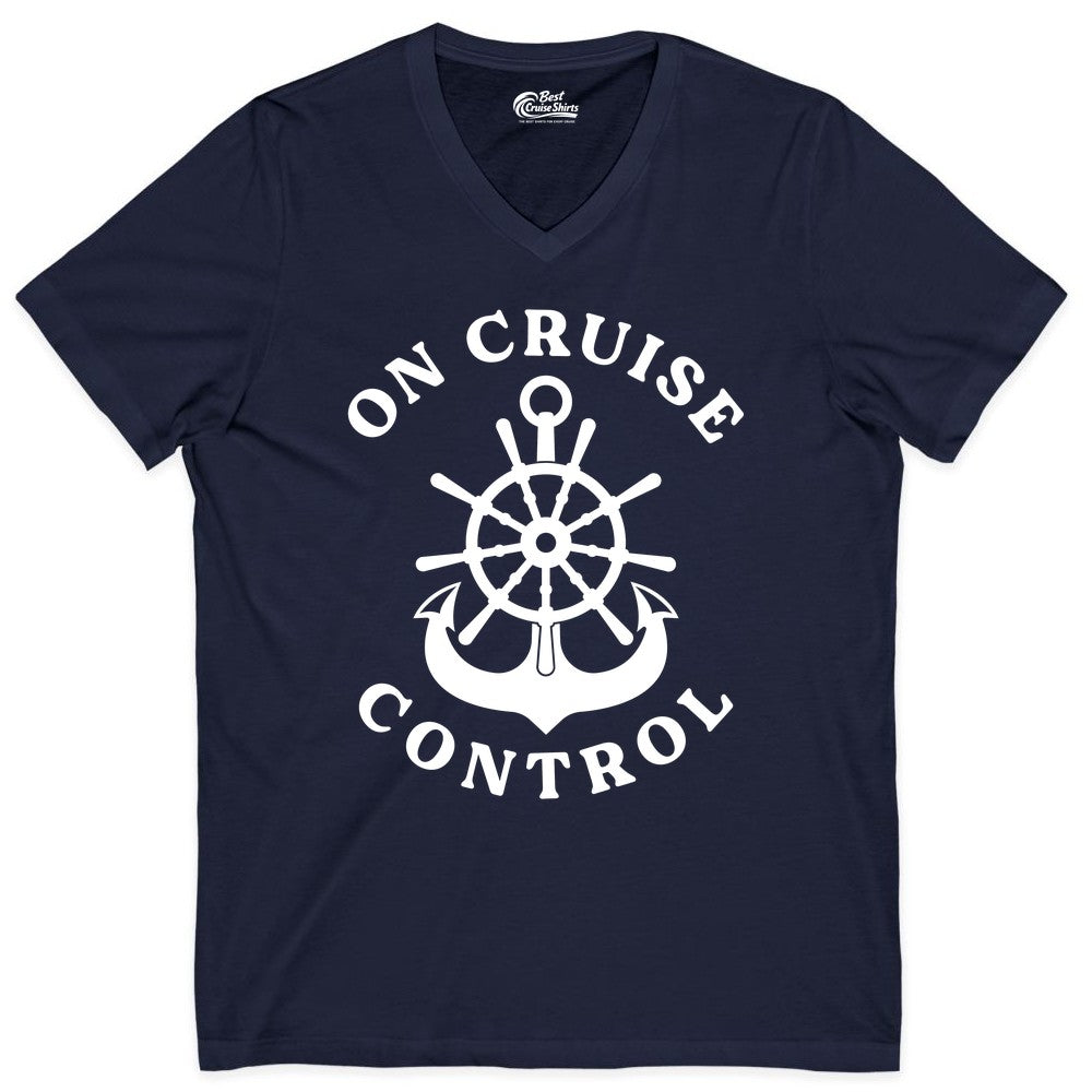 On Cruise Control Shirt - Funny Cruise Vacation Nautical Captain Tee (V-Neck) in Navy - On Cruise Control Nautical Captain Wheel Funny Cruise Shirt