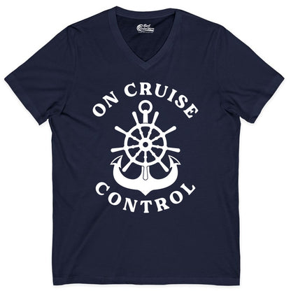On Cruise Control Shirt - Funny Cruise Vacation Nautical Captain Tee (V-Neck) in Navy - On Cruise Control Nautical Captain Wheel Funny Cruise Shirt