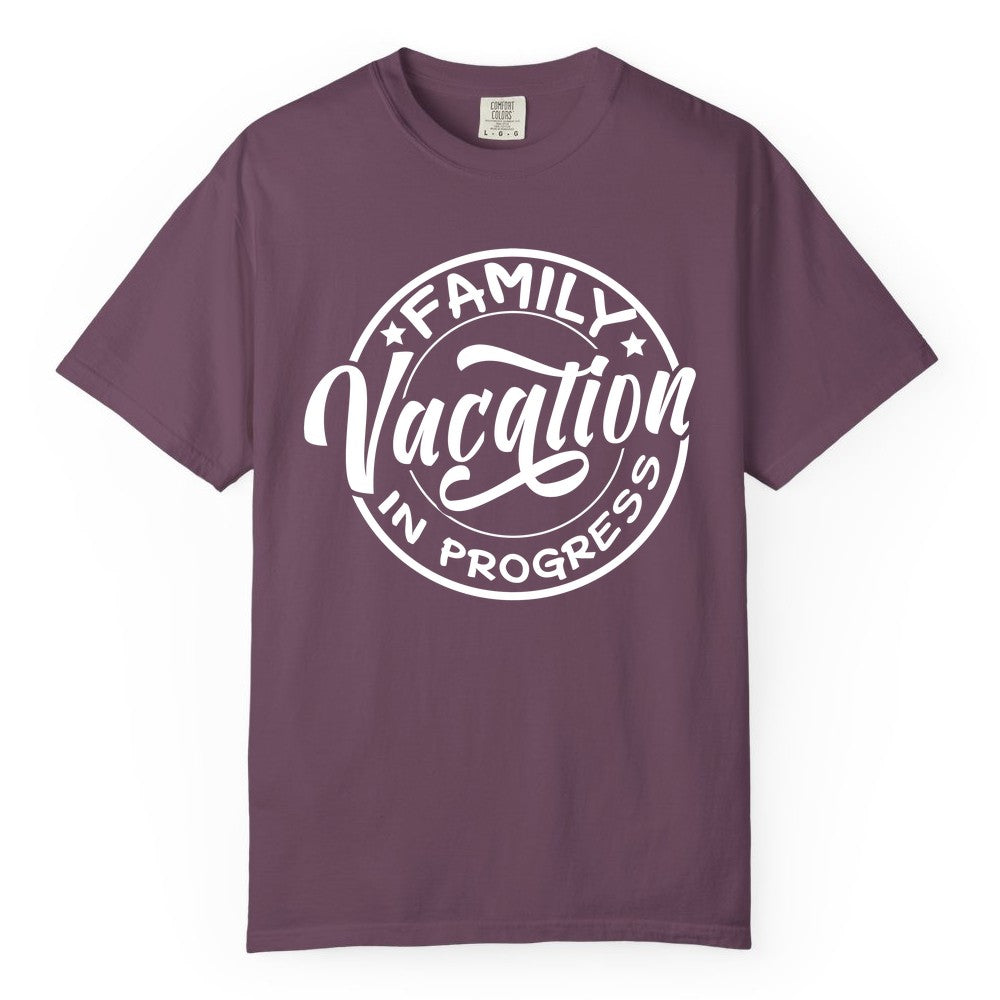 Family Vacation Shirt - Fun Family Travel Shirt for Holiday Trips (Comfort Color) in Berry - Family Vacation In Progress Bold Circular Stamp Travel Shirt
