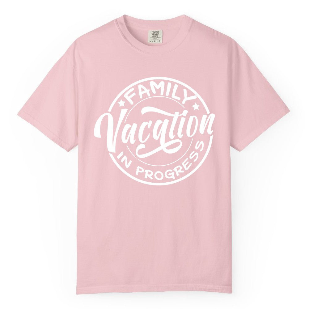 Family Vacation Shirt - Fun Family Travel Shirt for Holiday Trips (Comfort Color) in Blossom - Family Vacation In Progress Bold Circular Stamp Travel Shirt