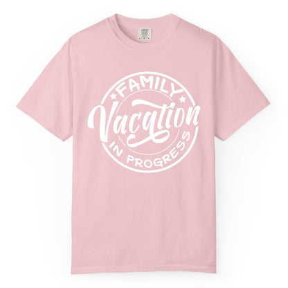 Family Vacation Shirt - Fun Family Travel Shirt for Holiday Trips (Comfort Color) in Blossom - Family Vacation In Progress Bold Circular Stamp Travel Shirt