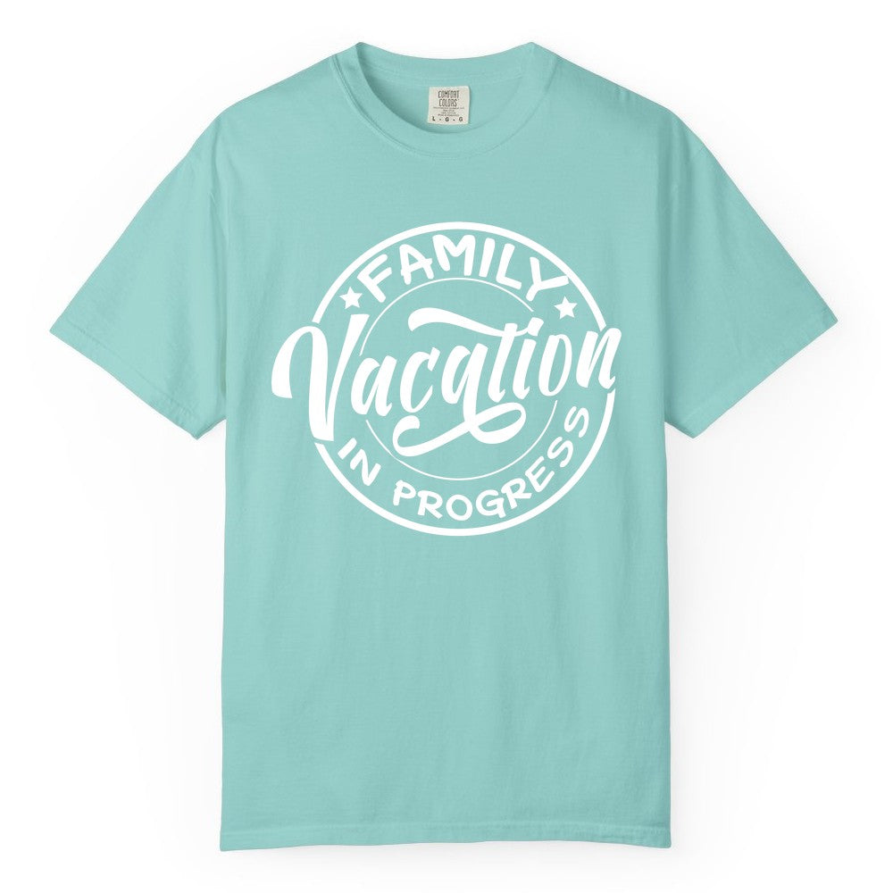 Family Vacation Shirt - Fun Family Travel Shirt for Holiday Trips (Comfort Color) in Chalky Mint - Family Vacation In Progress Bold Circular Stamp Travel Shirt