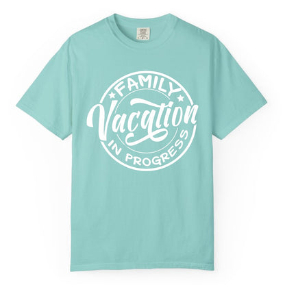 Family Vacation Shirt - Fun Family Travel Shirt for Holiday Trips (Comfort Color) in Chalky Mint - Family Vacation In Progress Bold Circular Stamp Travel Shirt
