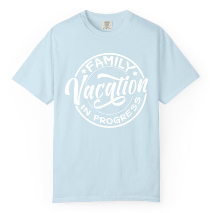Family Vacation Shirt - Fun Family Travel Shirt for Holiday Trips (Comfort Color) in Chambray - Family Vacation In Progress Bold Circular Stamp Travel Shirt