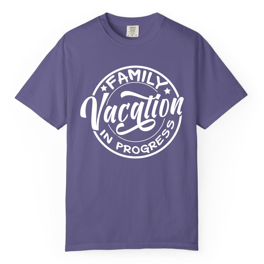 Family Vacation Shirt - Fun Family Travel Shirt for Holiday Trips (Comfort Color) in Grape - Family Vacation In Progress Bold Circular Stamp Travel Shirt
