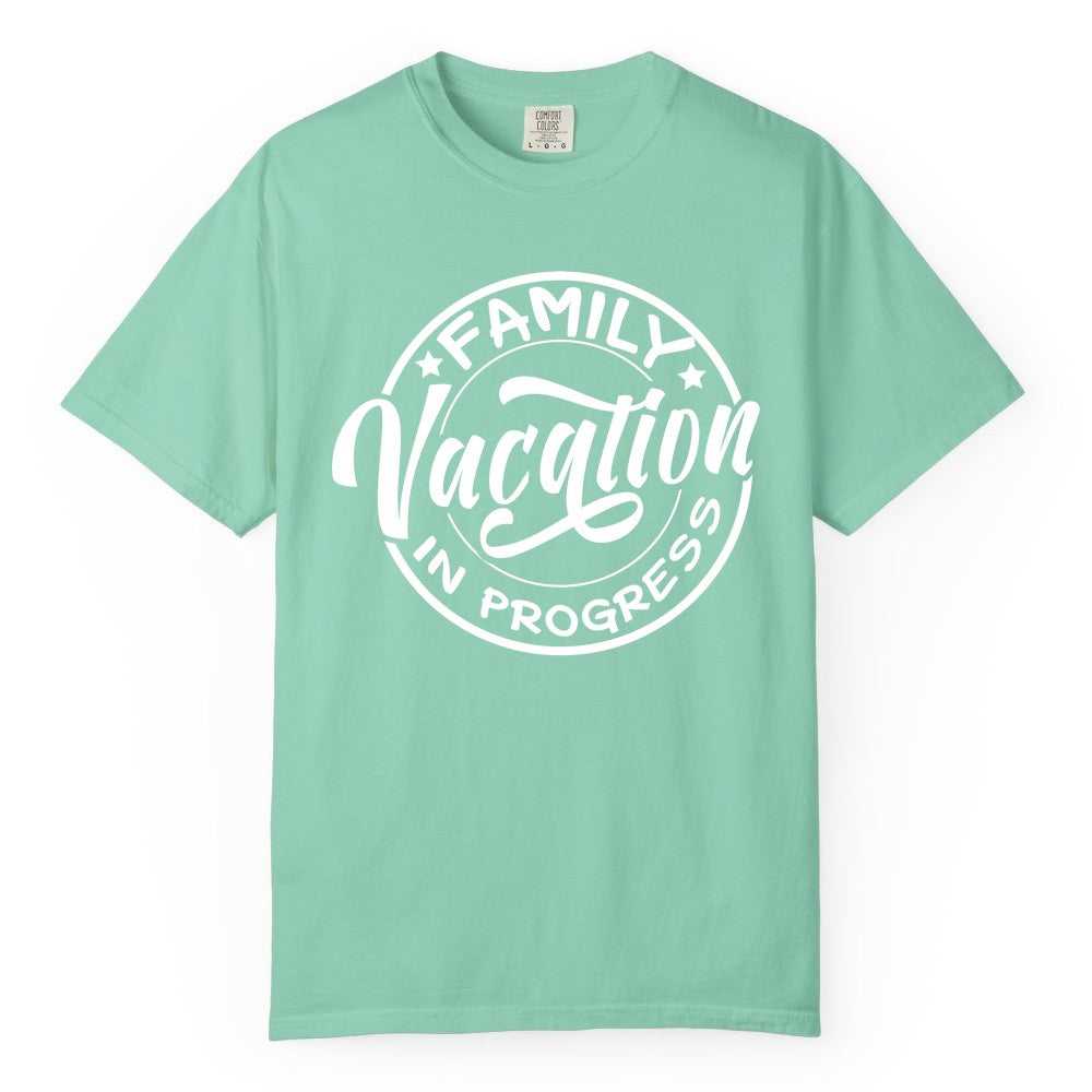 Family Vacation Shirt - Fun Family Travel Shirt for Holiday Trips (Comfort Color) in Island Reef - Family Vacation In Progress Bold Circular Stamp Travel Shirt
