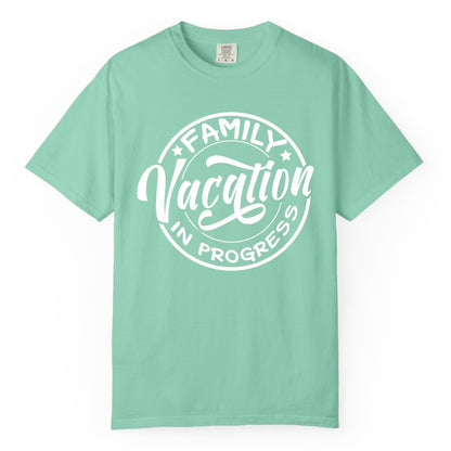 Family Vacation Shirt - Fun Family Travel Shirt for Holiday Trips (Comfort Color) in Island Reef - Family Vacation In Progress Bold Circular Stamp Travel Shirt