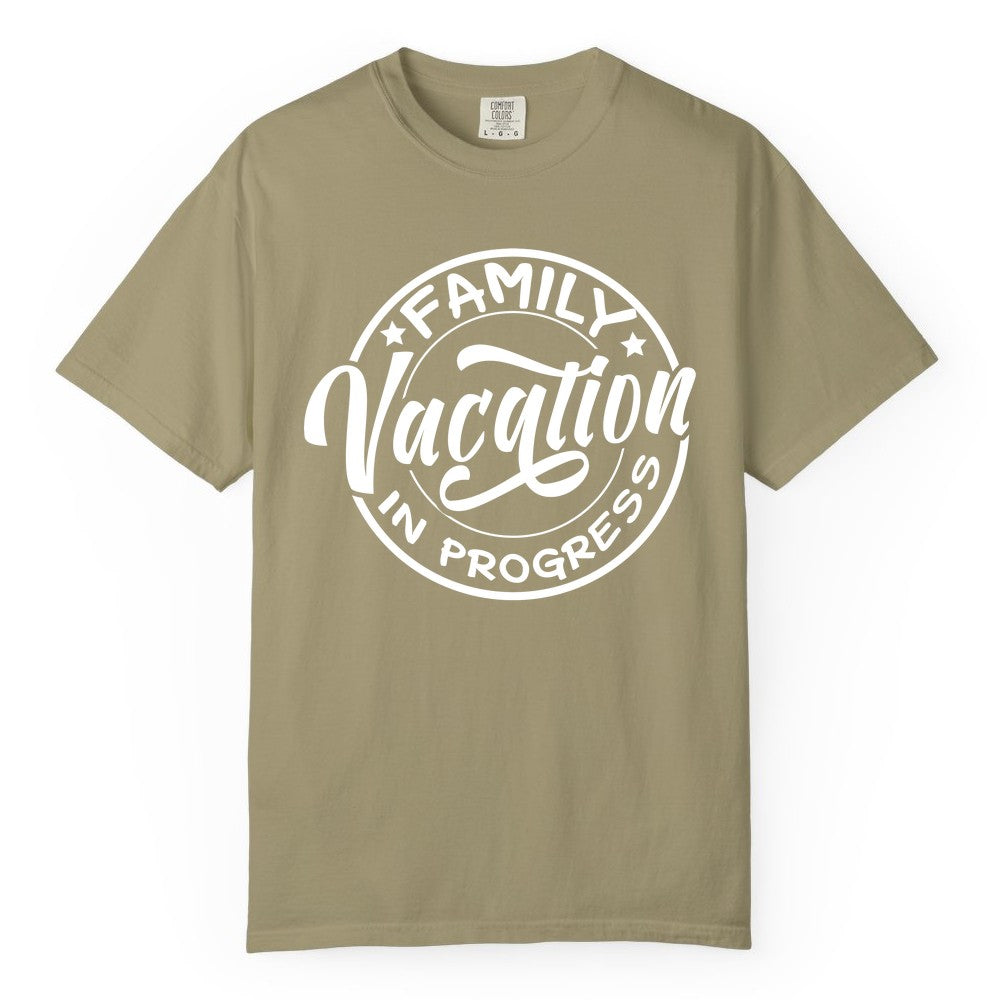Family Vacation Shirt - Fun Family Travel Shirt for Holiday Trips (Comfort Color) in Khaki - Family Vacation In Progress Bold Circular Stamp Travel Shirt