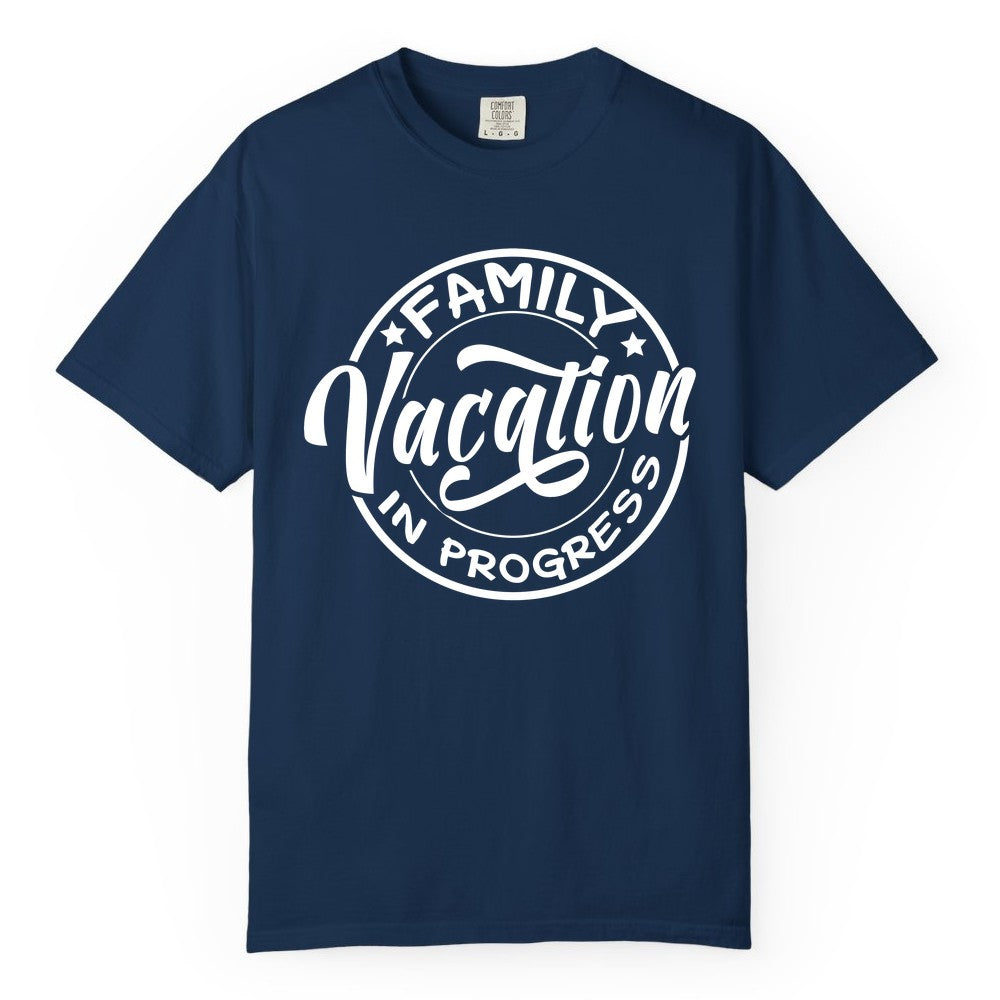 Family Vacation Shirt - Fun Family Travel Shirt for Holiday Trips (Comfort Color) in Navy - Family Vacation In Progress Bold Circular Stamp Travel Shirt