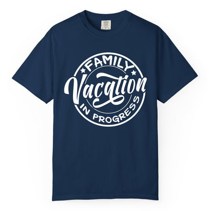 Family Vacation Shirt - Fun Family Travel Shirt for Holiday Trips (Comfort Color) in Navy - Family Vacation In Progress Bold Circular Stamp Travel Shirt
