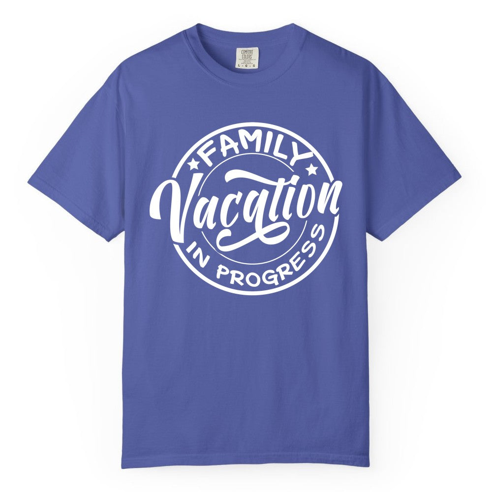 Family Vacation Shirt - Fun Family Travel Shirt for Holiday Trips (Comfort Color) in Periwinkle - Family Vacation In Progress Bold Circular Stamp Travel Shirt