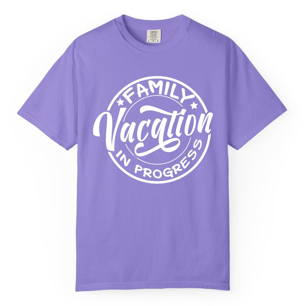 Family Vacation Shirt - Fun Family Travel Shirt for Holiday Trips (Comfort Color) in Violet - Family Vacation In Progress Bold Circular Stamp Travel Shirt
