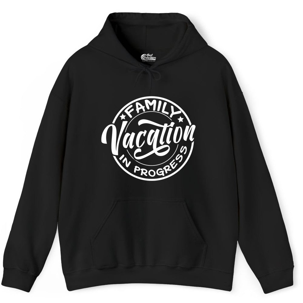 Family Vacation Shirt - Fun Family Travel Shirt for Holiday Trips (Hoodie) in Black - Family Vacation In Progress Bold Circular Stamp Travel Shirt