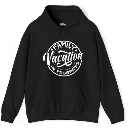 Family Vacation Shirt - Fun Family Travel Shirt for Holiday Trips (Hoodie) in Black - Family Vacation In Progress Bold Circular Stamp Travel Shirt