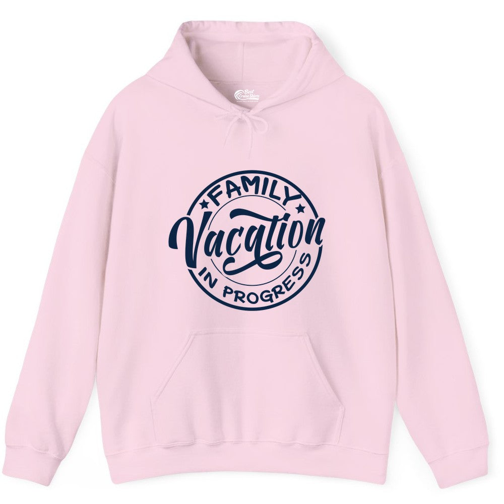 Family Vacation Shirt - Fun Family Travel Shirt for Holiday Trips (Hoodie) in Light Pink - Family Vacation In Progress Bold Circular Stamp Travel Shirt