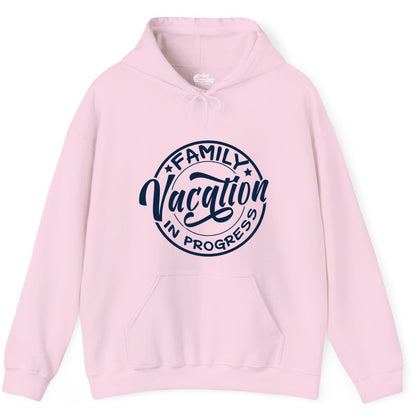 Family Vacation Shirt - Fun Family Travel Shirt for Holiday Trips (Hoodie) in Light Pink - Family Vacation In Progress Bold Circular Stamp Travel Shirt